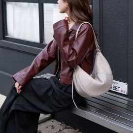 Women's Large Capacity Handbag - Elegant Full-Grain Crossbody Bag with Golden-Tone Hardware, Zipper Closure & Lining, Structured Round Top & Flat Base