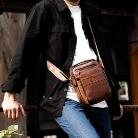 [Leather Crossbody Bag] Deep Brown Leather Crossbody Bag | Men's Genuine Top-Grain Cowhide Messenger Bag with Adjustable Strap, Multi-Compartment Phone Holder, Card Slots & Cash Pocket for Everyday Use, Work, Travel