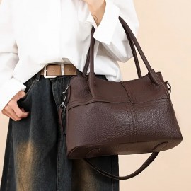 Black Lychee Pattern Women's Handbag, Dual-Use Tote and Crossbody Bag for Mom with Large Capacity & Multiple Compartments